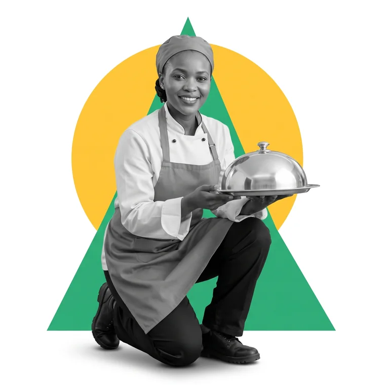 A caterer in a chef jacket carrying a serving platter