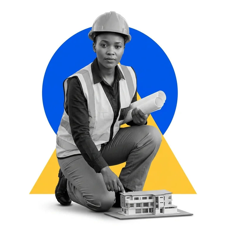 A site engineer kneeling beside a scale model of a building