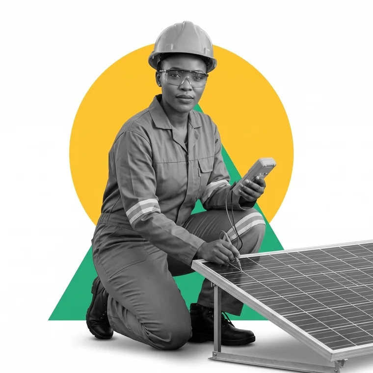 A solar electrician crouching beside a rooftop solar panel