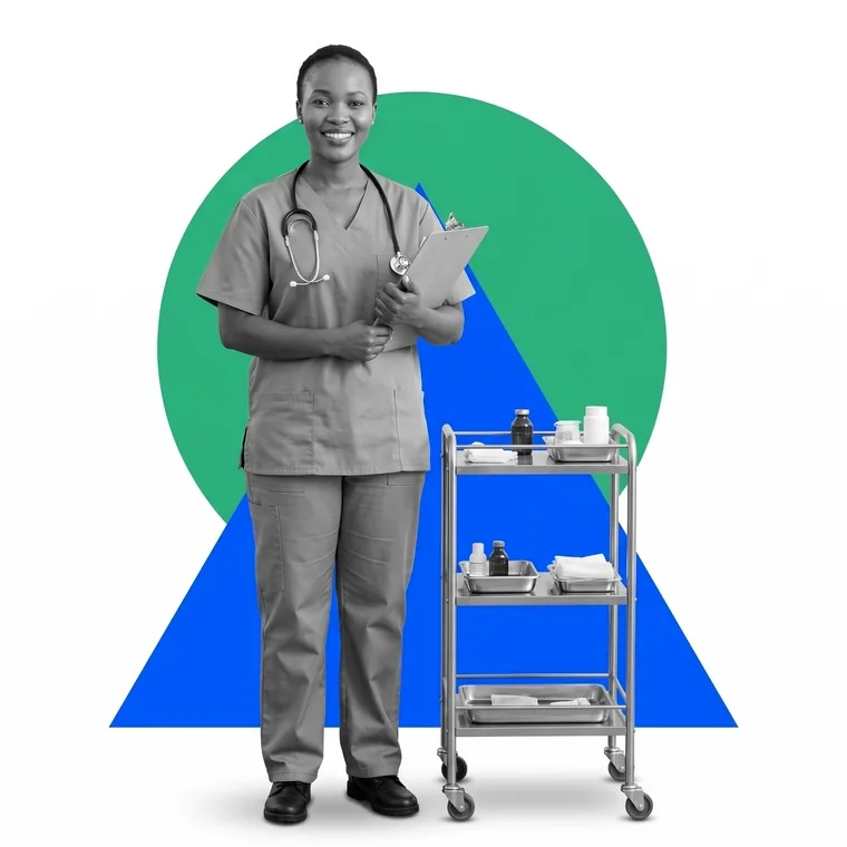 A nurse with a stethoscope and a clipboard beside a medical trolley