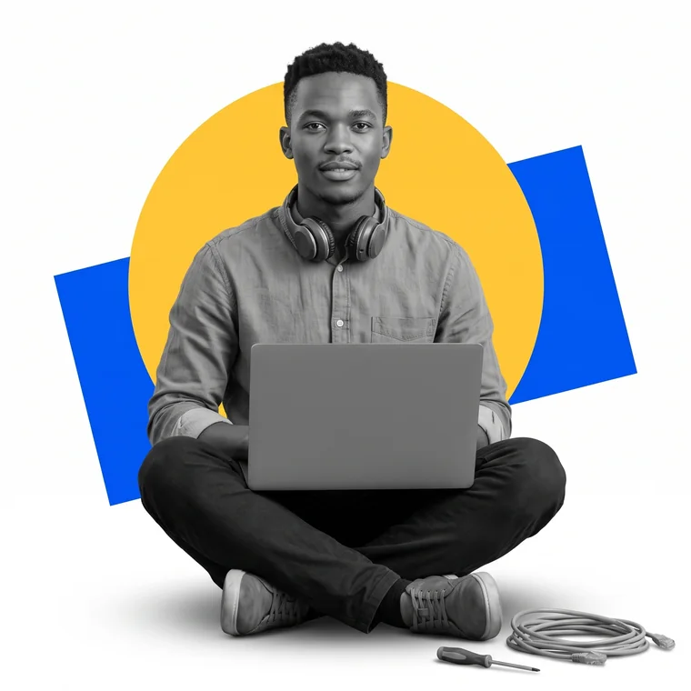 An IT technician on the floor with a laptop and network cable