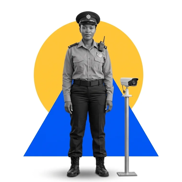 A security officer standing next to a CCTV camera