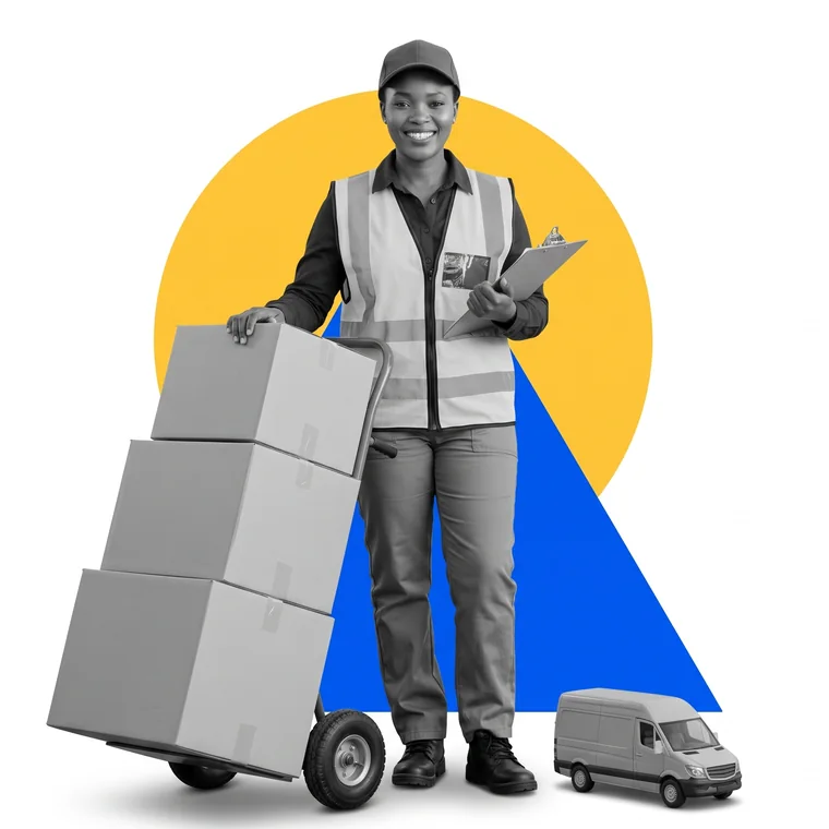A delivery driver with parcels on a hand trolley and a small van